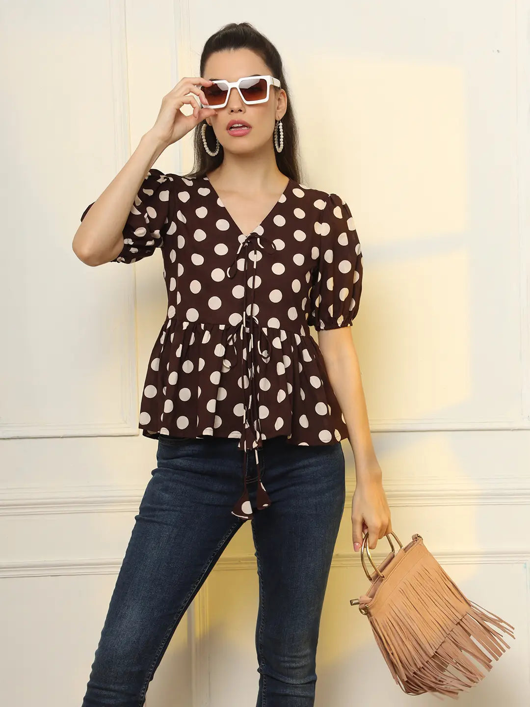 Yufta Brown Cotton Polka Dot Brown Tie Up Peplum Top