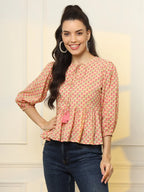 Yufta Cotton Yellow And Pink Floral Tie Up Top