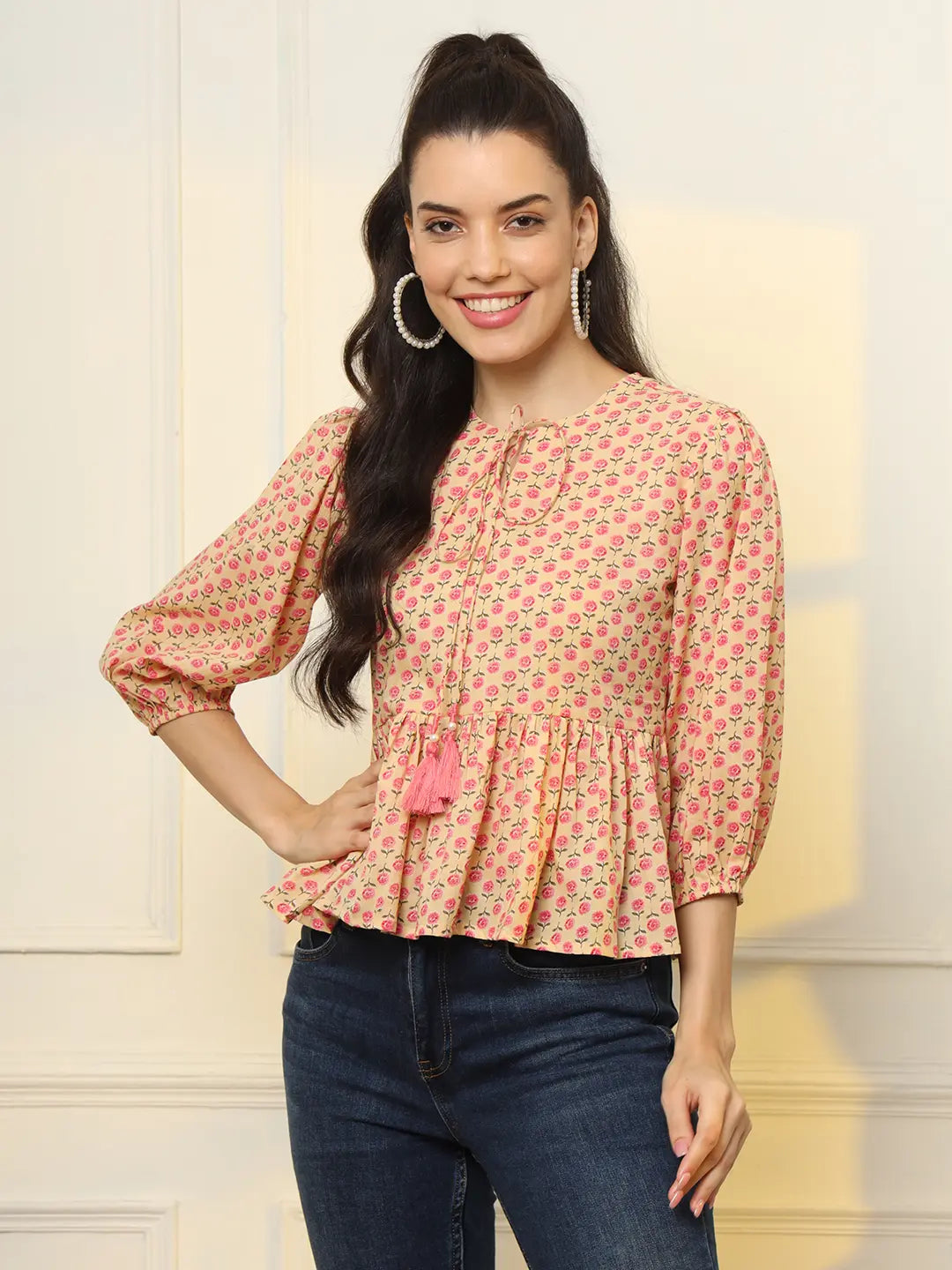 Yufta Cotton Yellow And Pink Floral Tie Up Top