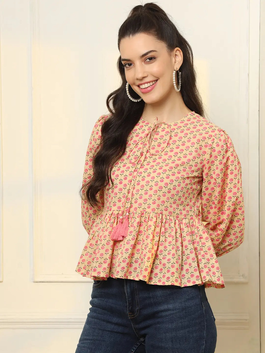 Yufta Cotton Yellow And Pink Floral Tie Up Top
