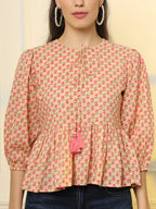 Yufta Cotton Yellow And Pink Floral Tie Up Top