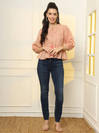 Yufta Cotton Yellow And Pink Floral Tie Up Top