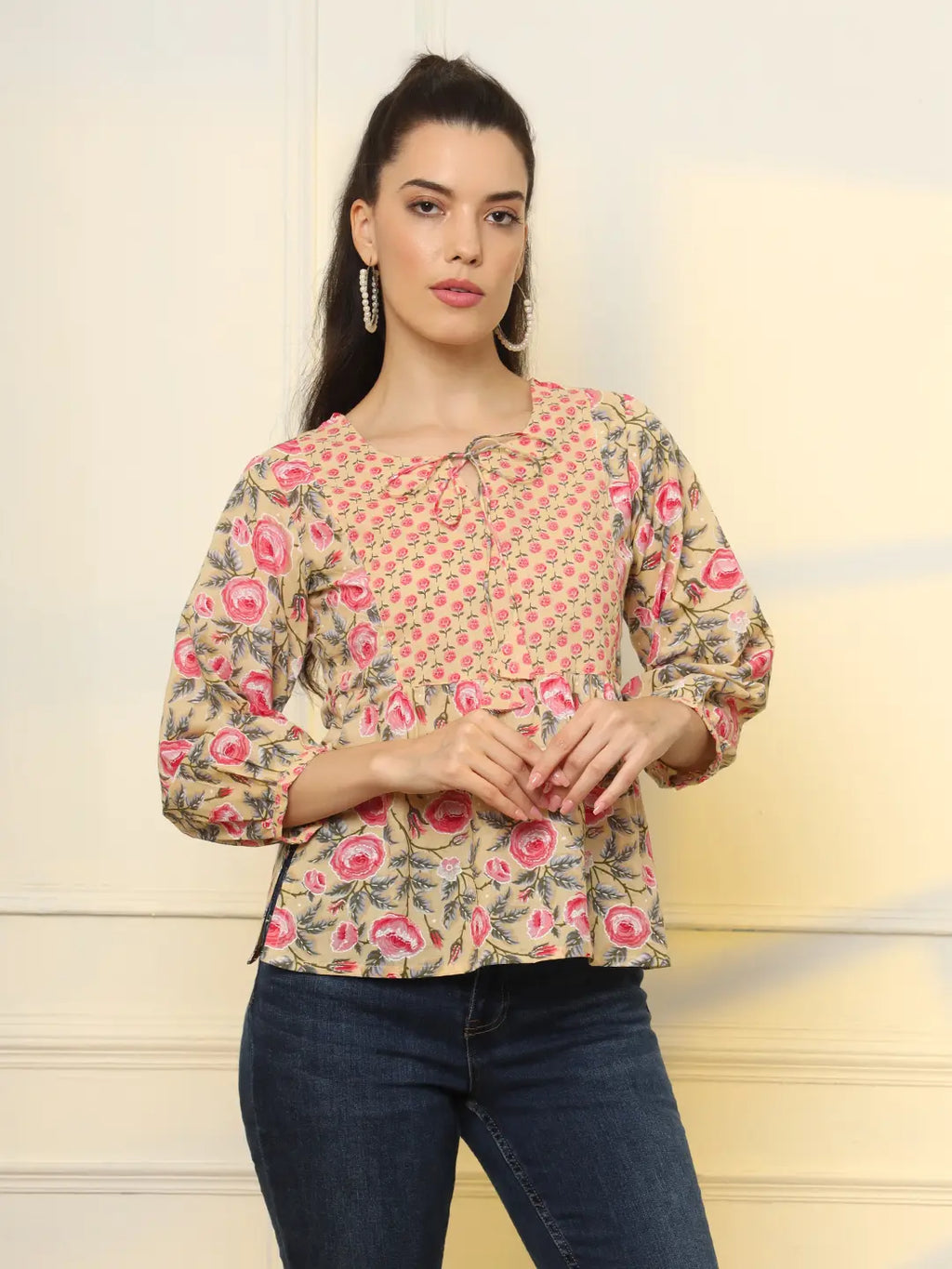Yufta Cotton Yellow Floral Tie Up Top