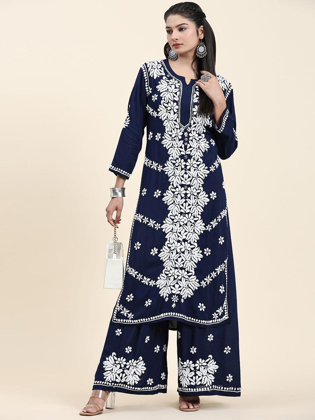 HOUSE OF KARI Ethnic Motifs Embroidered Chikankari Cotton Kurta & Palazzos