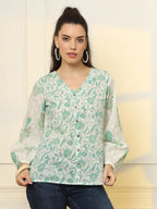 Yufta White And Green Printed Cotton Top