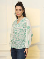 Yufta White And Green Printed Cotton Top