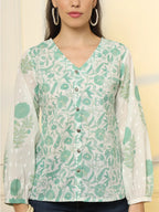 Yufta White And Green Printed Cotton Top