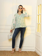 Yufta White And Green Printed Cotton Top