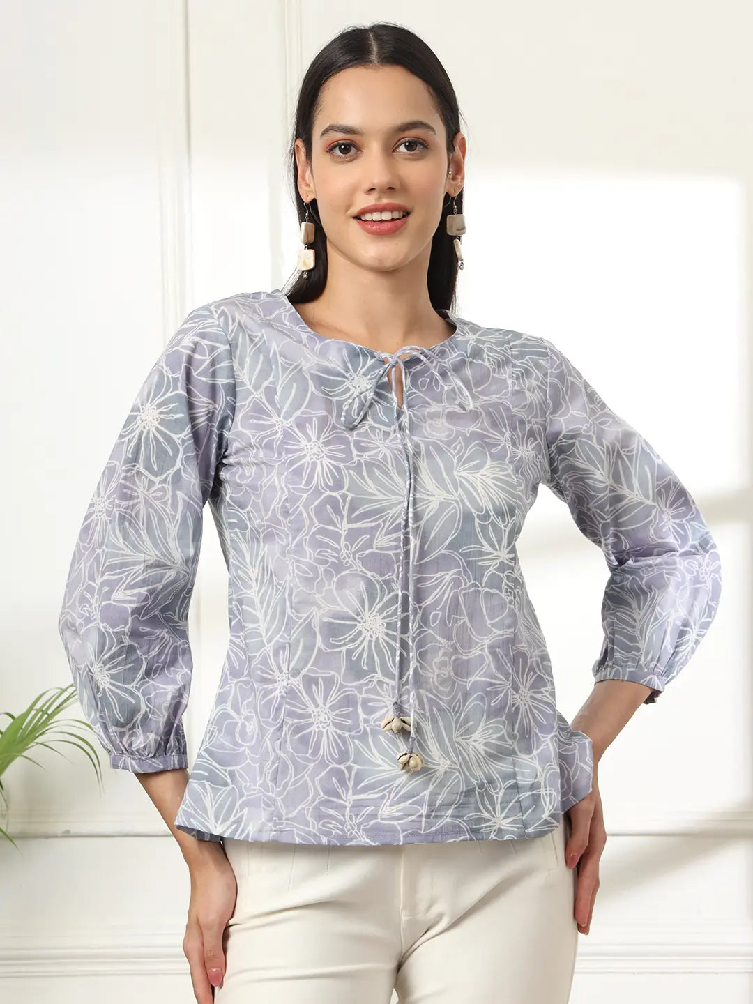 Yufta Grey Printed Cotton Peplum Top