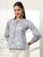 Yufta Grey Printed Cotton Peplum Top