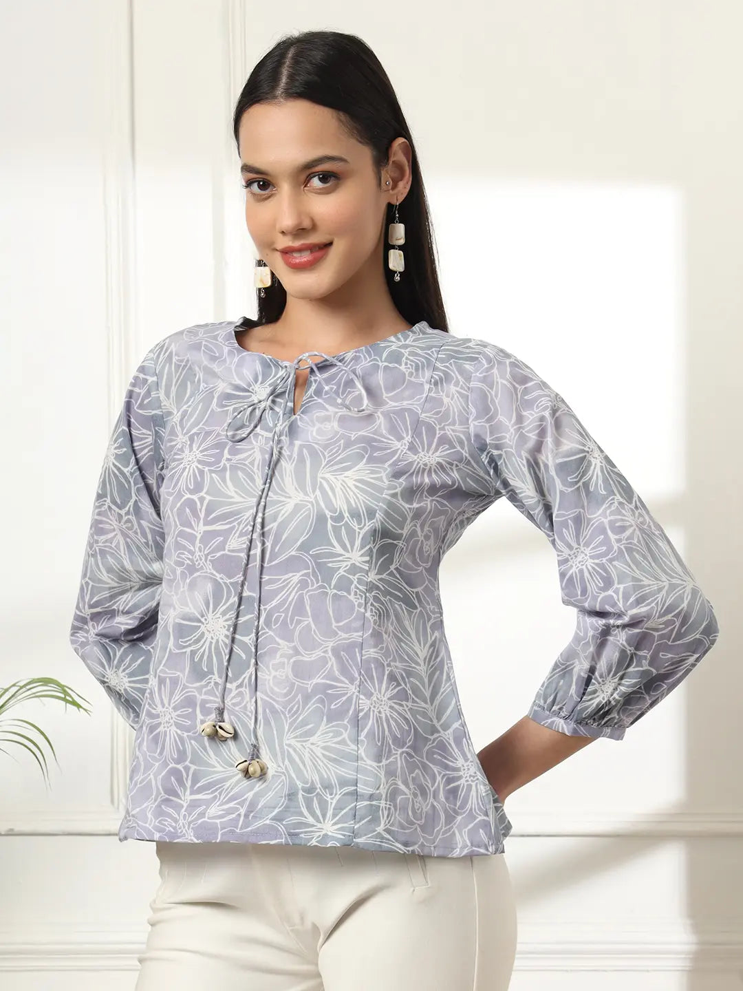 Yufta Grey Printed Cotton Peplum Top