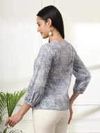 Yufta Grey Printed Cotton Peplum Top