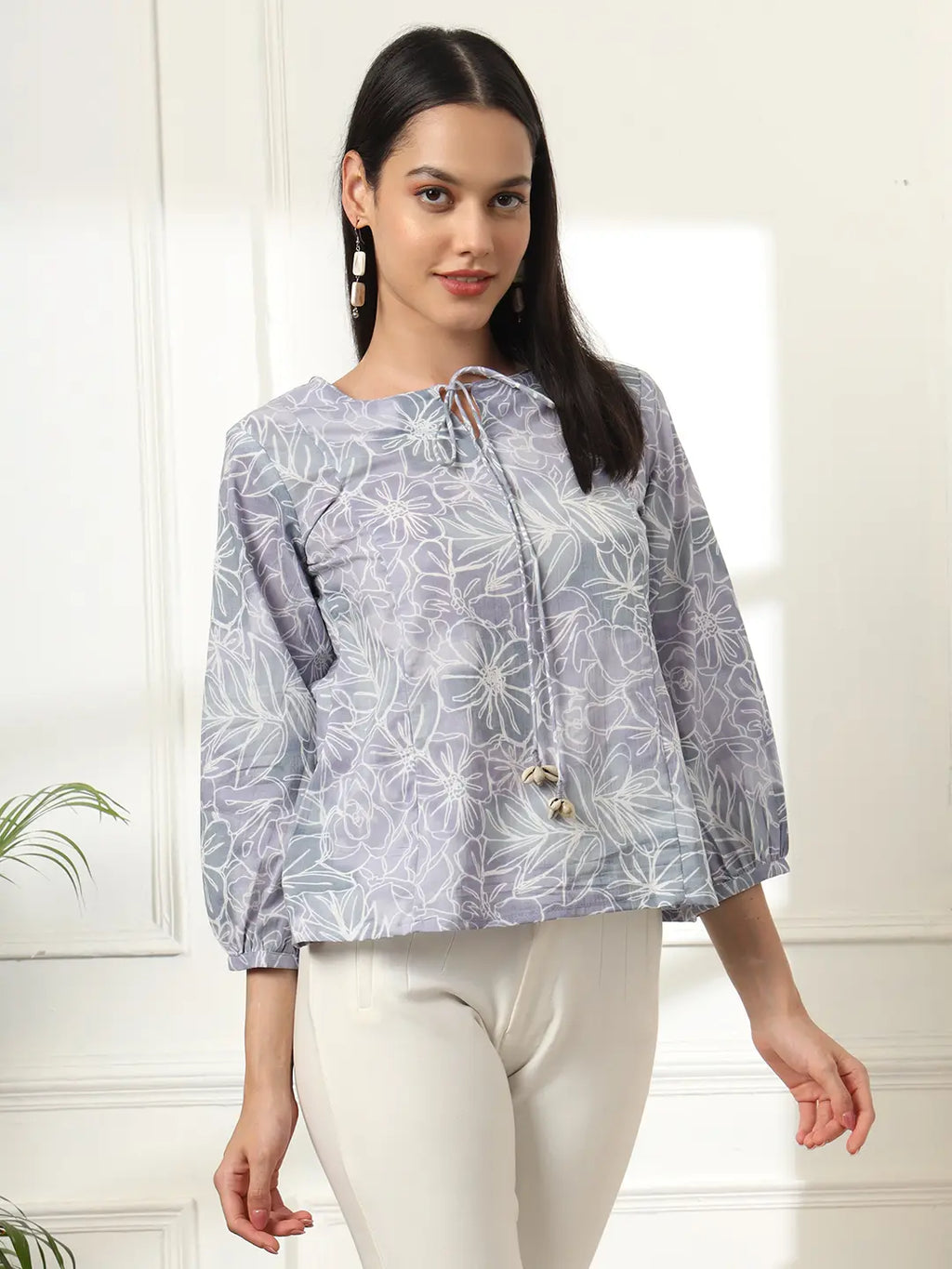 Yufta Grey Printed Cotton Peplum Top