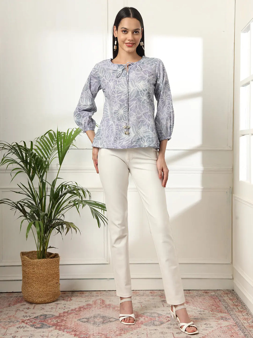 Yufta Grey Printed Cotton Peplum Top