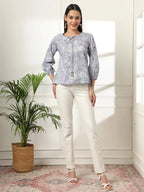 Yufta Grey Printed Cotton Peplum Top
