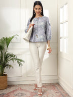 Yufta Grey Printed Cotton Peplum Top