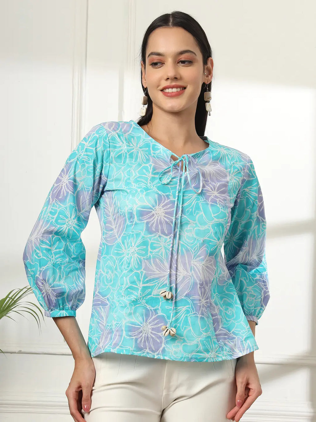 Yufta Sky Blue Printed Cotton Peplum Top