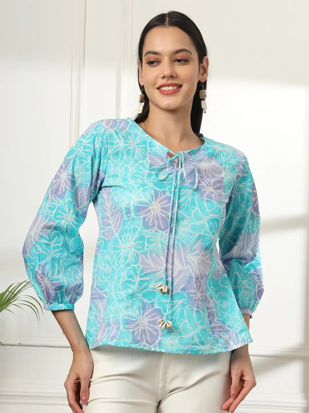 Yufta Sky Blue Printed Cotton Peplum Top