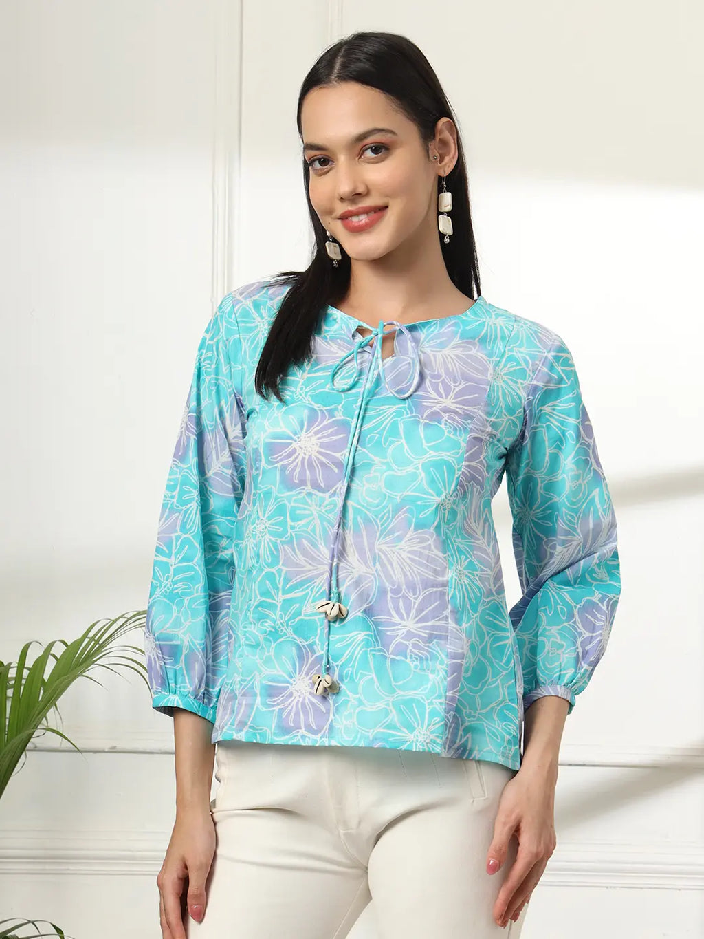 Yufta Sky Blue Printed Cotton Peplum Top