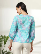 Yufta Sky Blue Printed Cotton Peplum Top