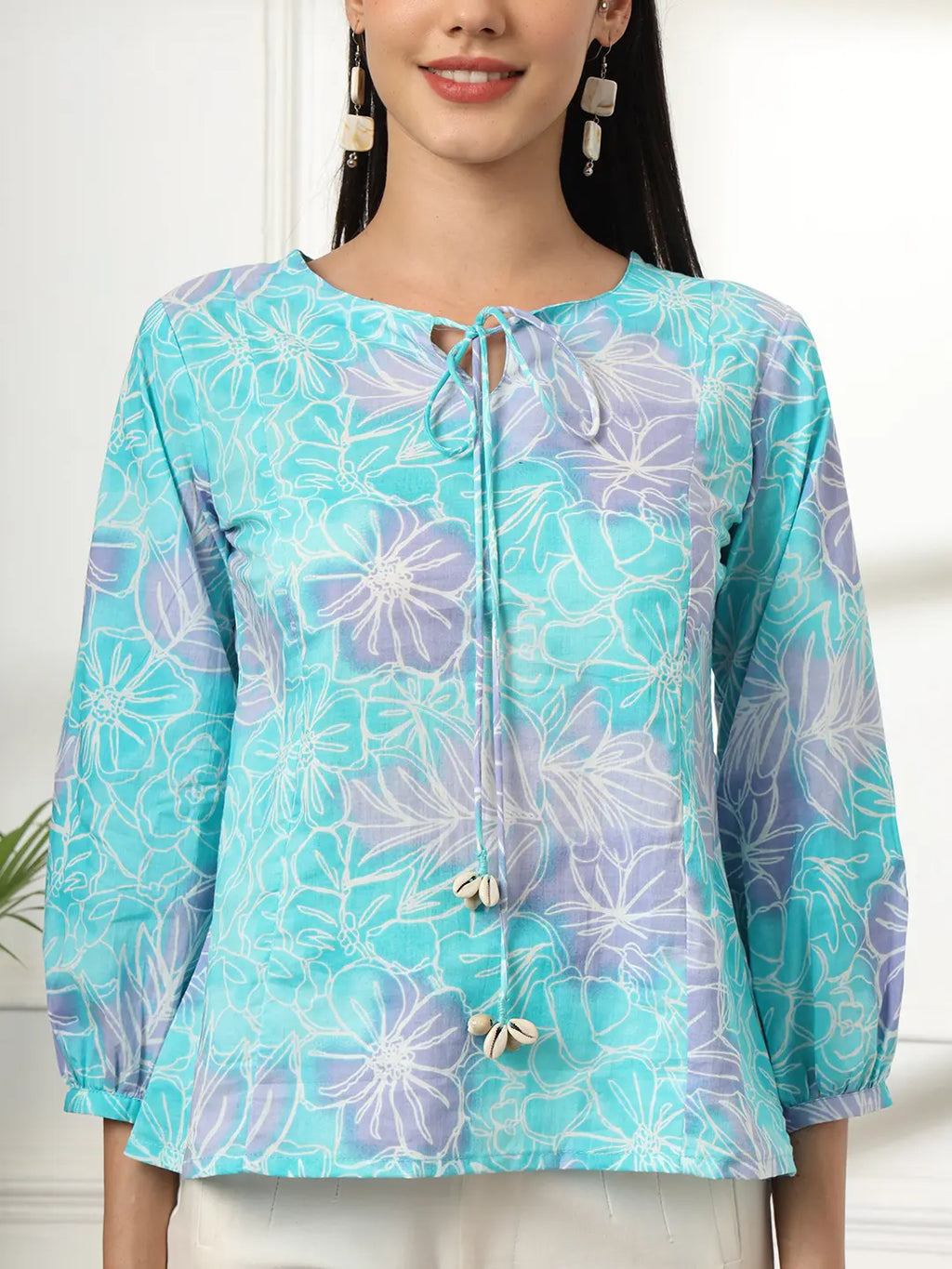 Yufta Sky Blue Printed Cotton Peplum Top