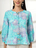 Yufta Sky Blue Printed Cotton Peplum Top