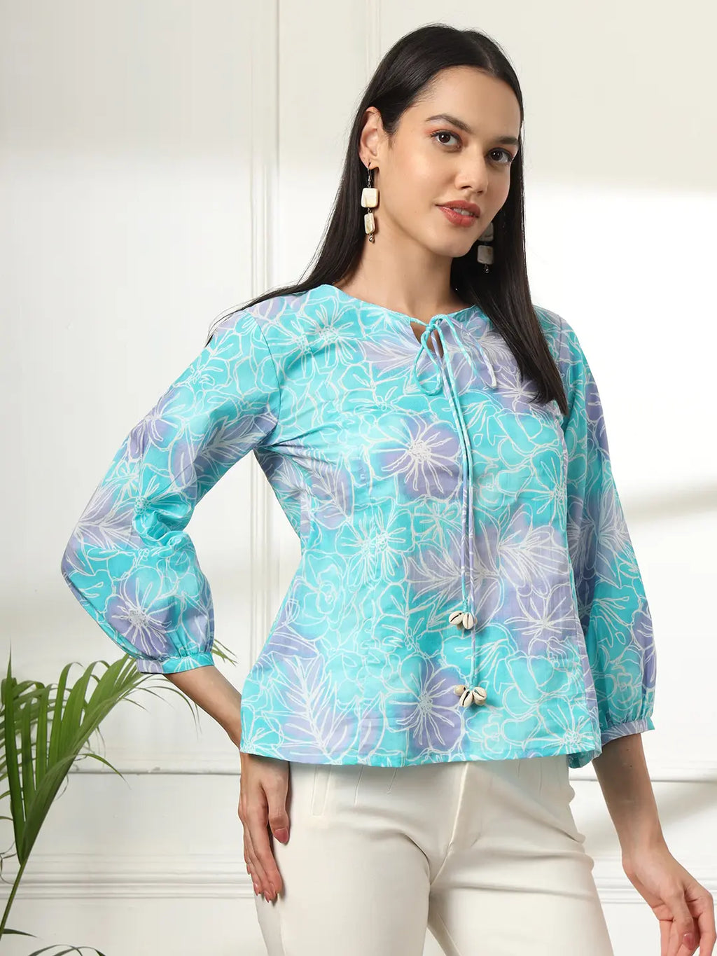 Yufta Sky Blue Printed Cotton Peplum Top