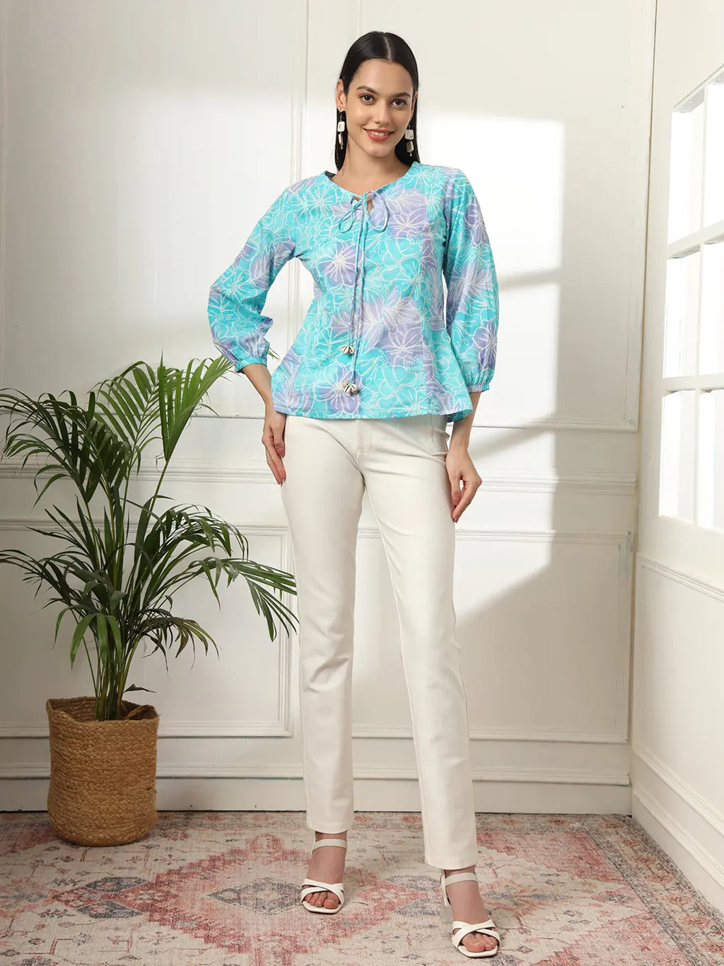 Yufta Sky Blue Printed Cotton Peplum Top