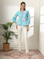 Yufta Sky Blue Printed Cotton Peplum Top