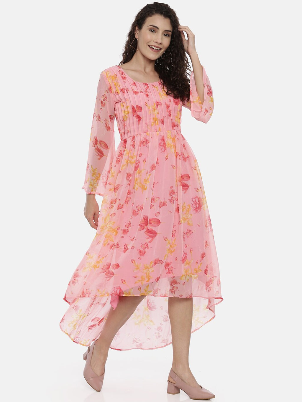 Souchii Pink Floral Printed A-Line Dress For Women - Distacart