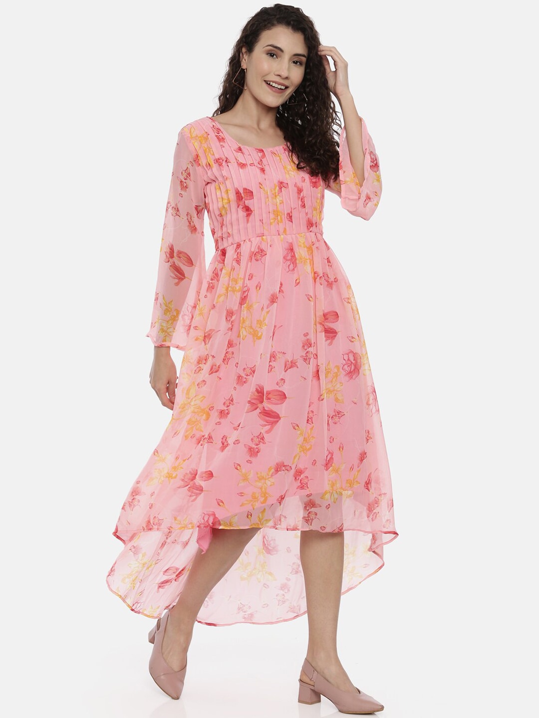 Souchii Pink Floral Printed A-Line Dress For Women - Distacart