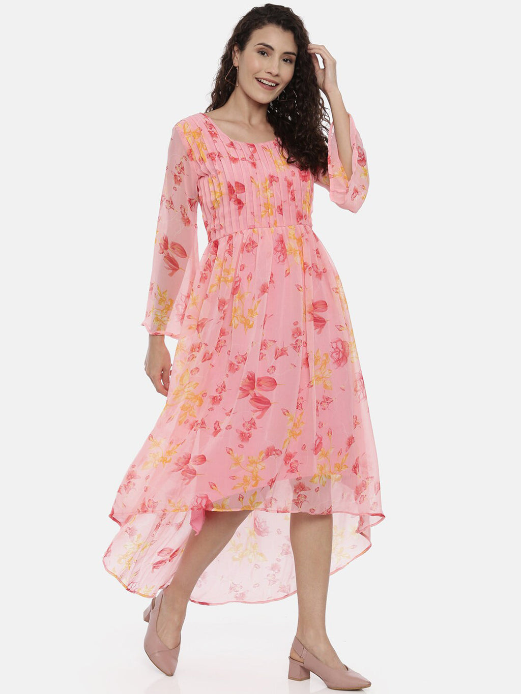 Souchii Women Beautiful Pink Floral Printed A-Line Dress - Distacart