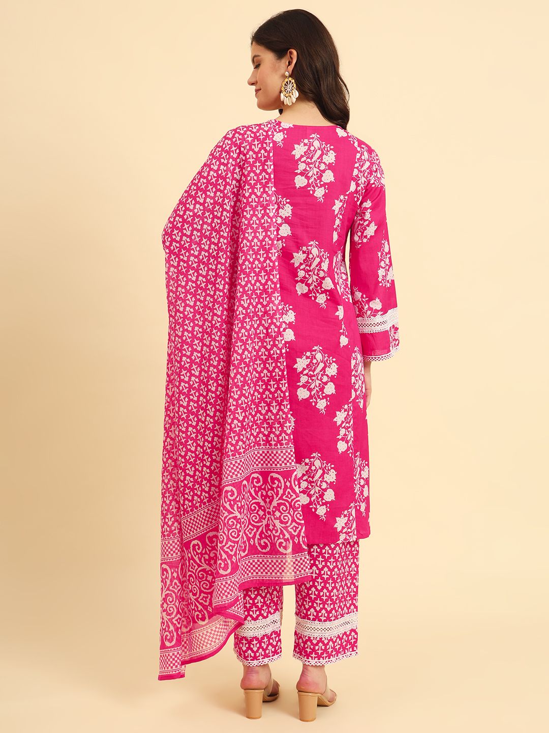 Yufta Pink Pure Cotton Floral printed Kurta With Trousers Dupatta Set - Distacart