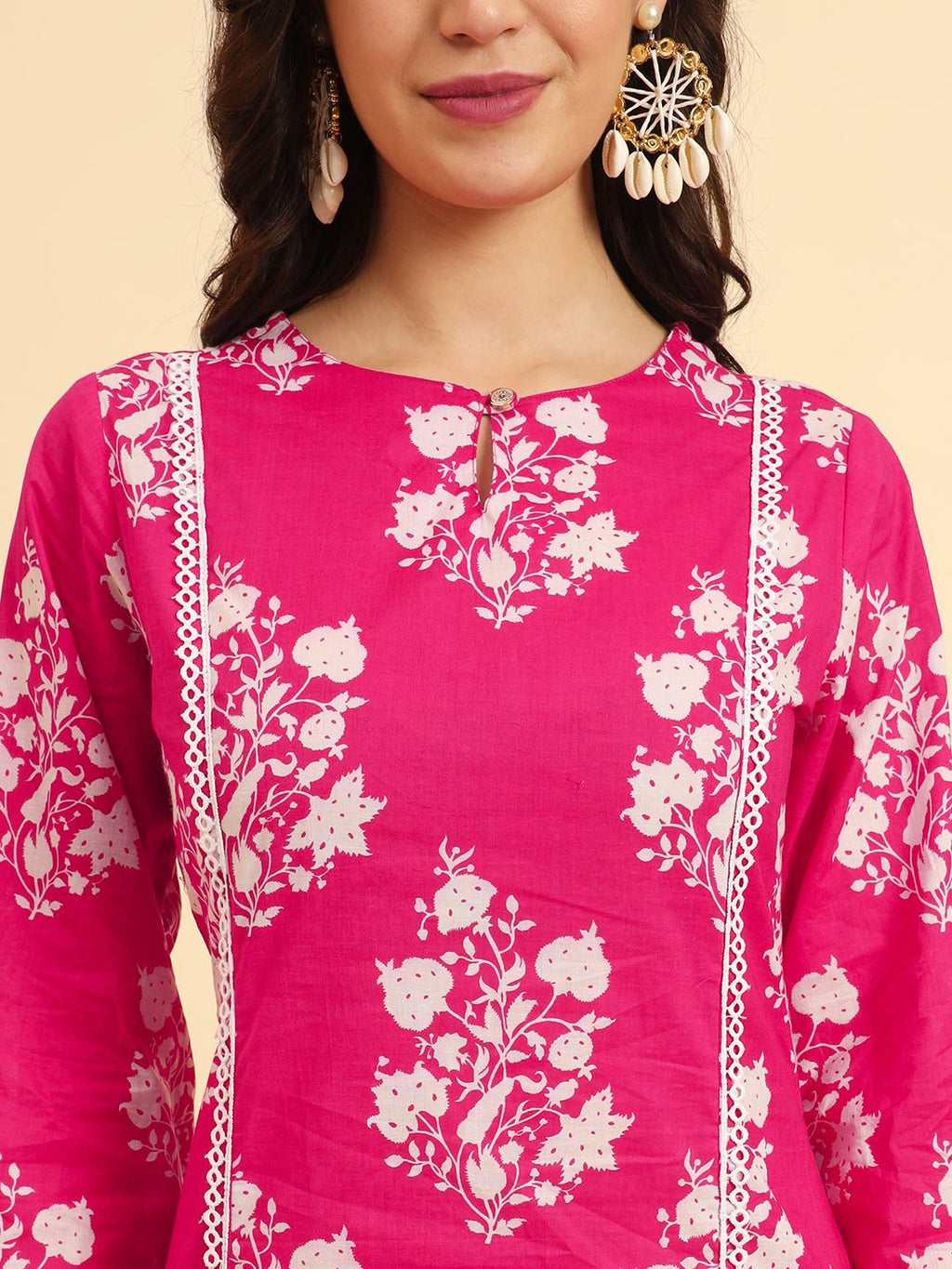 Yufta Pink Pure Cotton Floral printed Kurta With Trousers Dupatta Set - Distacart