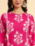 Yufta Pink Pure Cotton Floral printed Kurta With Trousers Dupatta Set - Distacart