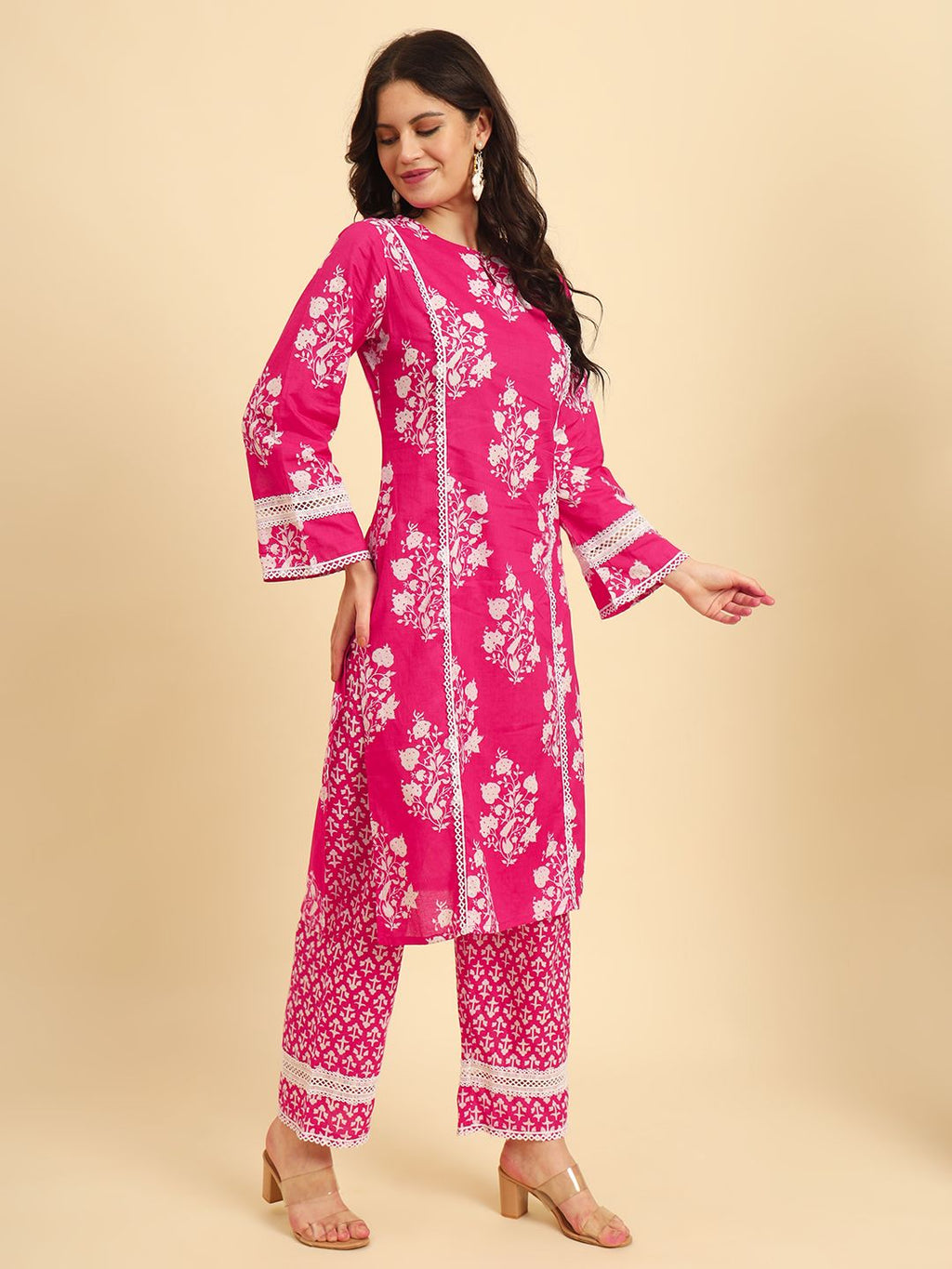 Yufta Pink Pure Cotton Floral printed Kurta With Trousers Dupatta Set - Distacart