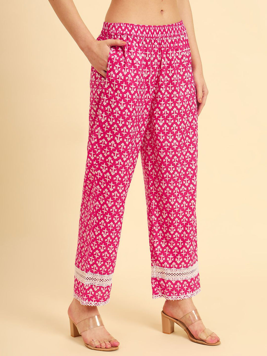 Yufta Pink Pure Cotton Floral printed Kurta With Trousers Dupatta Set - Distacart