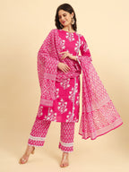 Yufta Pink Pure Cotton Floral printed Kurta With Trousers Dupatta Set - Distacart