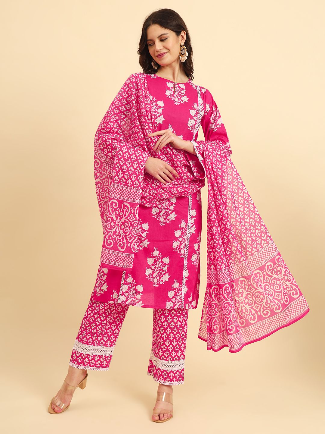 Yufta Pink Pure Cotton Floral printed Kurta With Trousers Dupatta Set - Distacart