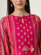 Yufta Pink Silk Tie Up Kurta Set With Pant & Dupatta