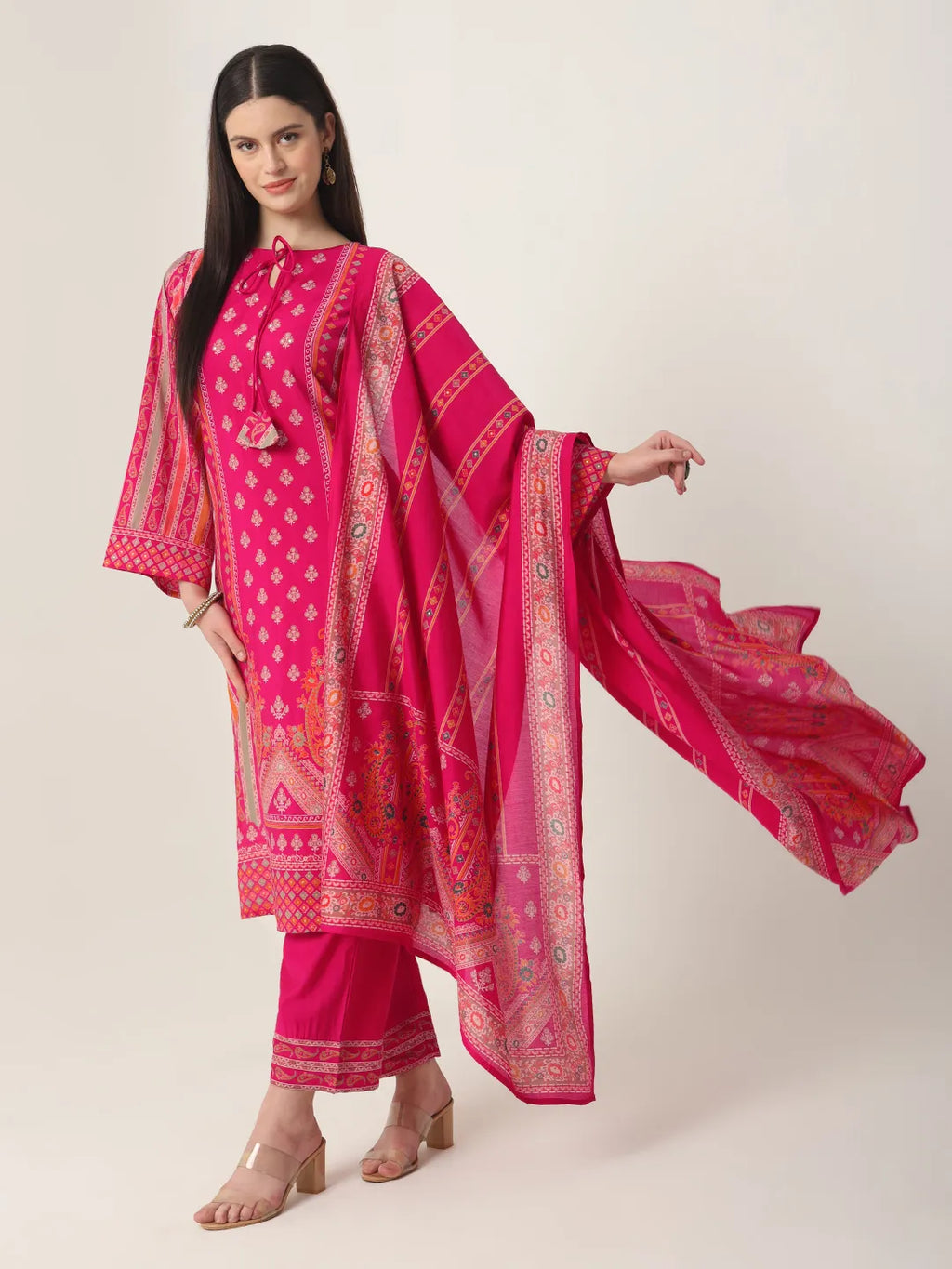 Yufta Pink Silk Tie Up Kurta Set With Pant & Dupatta