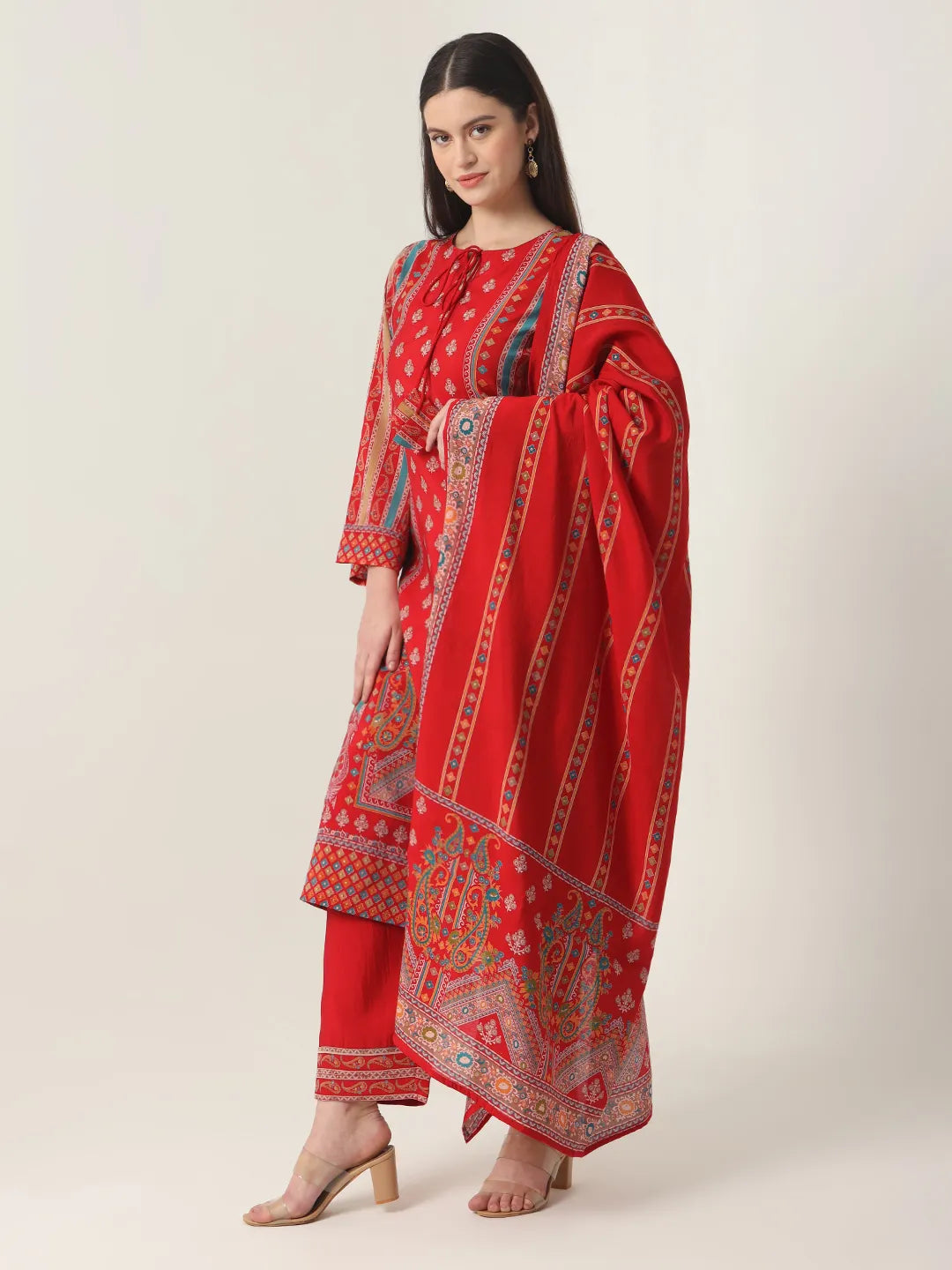 Yufta Red Silk Tie Up Kurta Set With Pant & Dupatta - Distacart