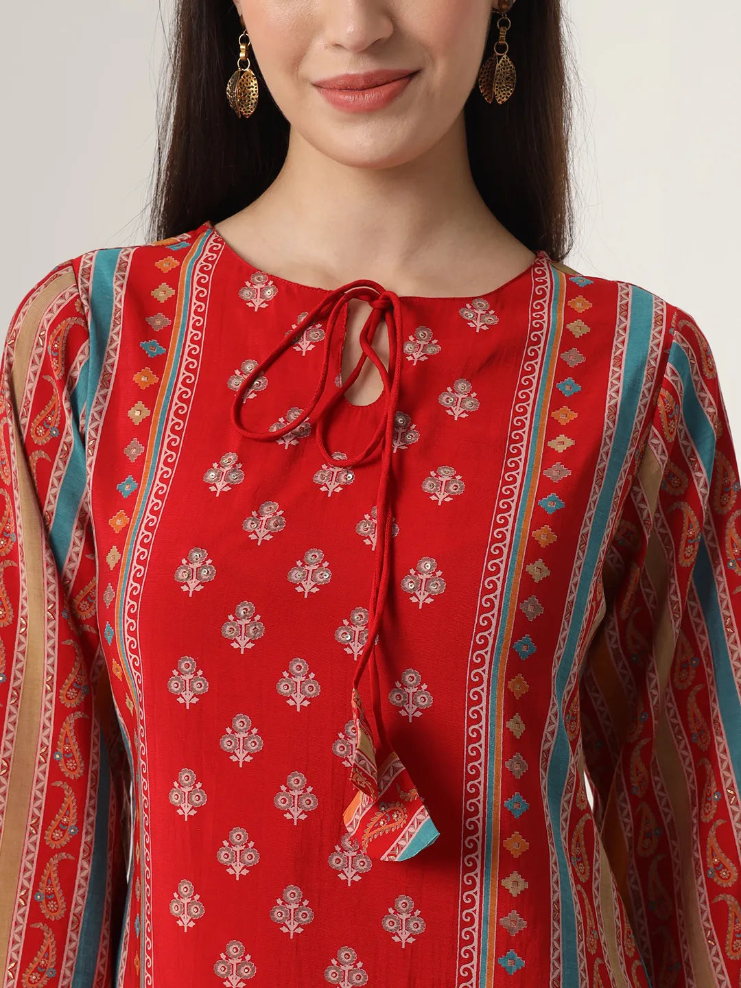 Yufta Red Silk Tie Up Kurta Set With Pant & Dupatta - Distacart