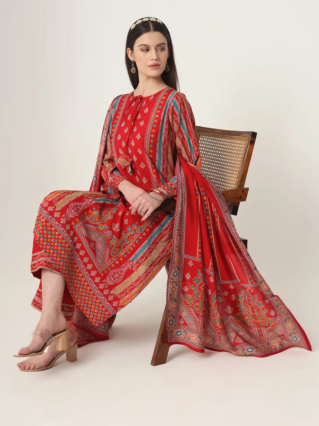 Yufta Red Silk Tie Up Kurta Set With Pant & Dupatta - Distacart