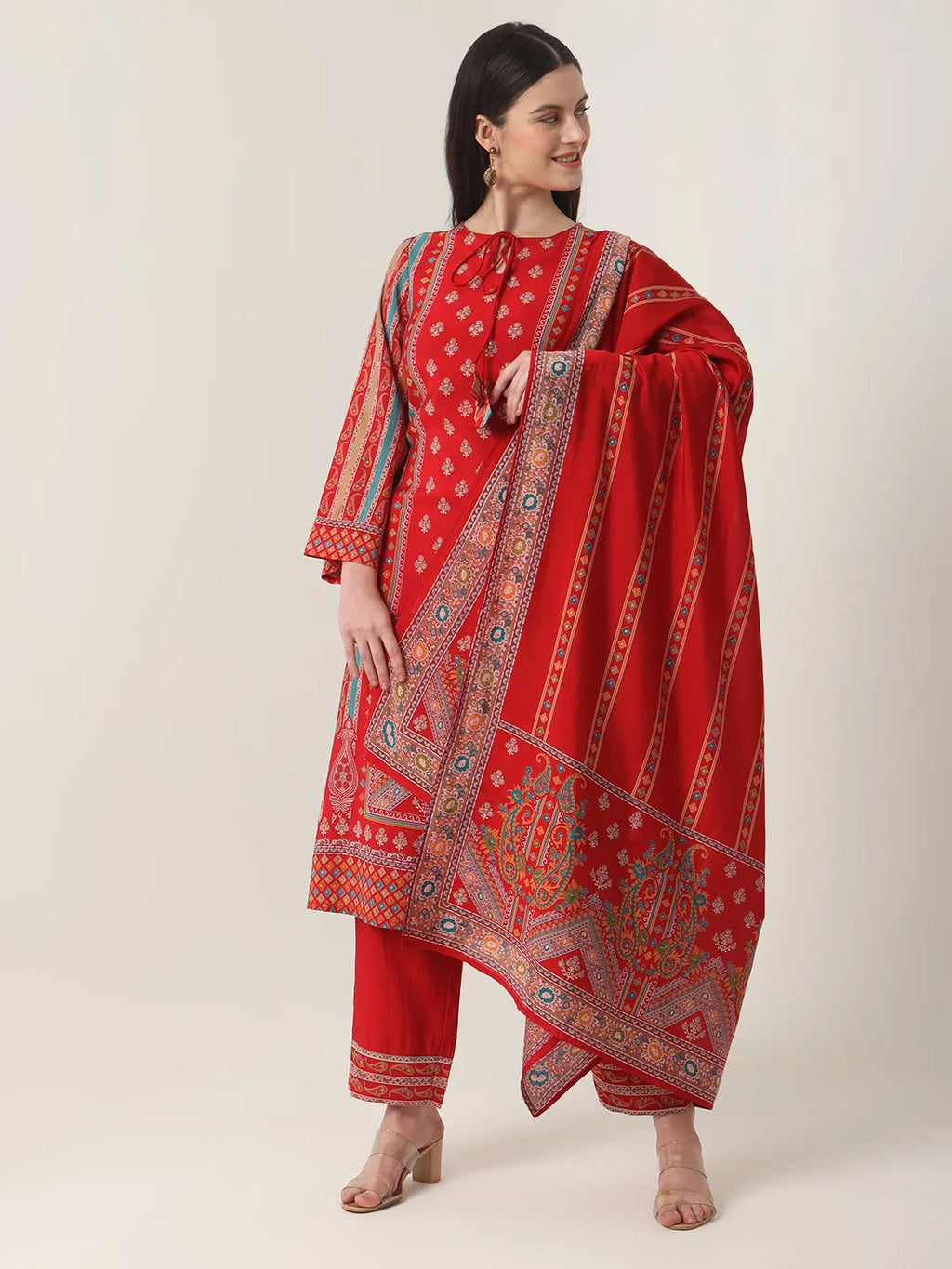 Yufta Red Silk Tie Up Kurta Set With Pant & Dupatta - Distacart