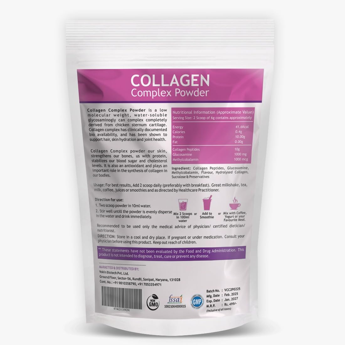 Vokin Biotech Collagen Powder Supplement with Peptides Hair, Nails, Joints and Bones