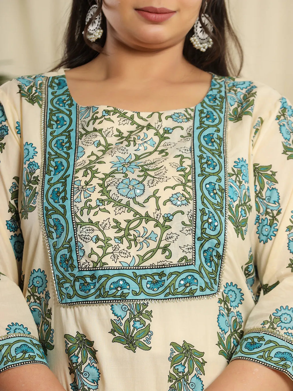 Yufta Cream Pure Cotton Kurta Set With Pant & Dupatta