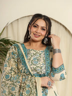 Yufta Cream Pure Cotton Kurta Set With Pant & Dupatta