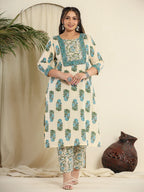 Yufta Cream Pure Cotton Kurta Set With Pant & Dupatta