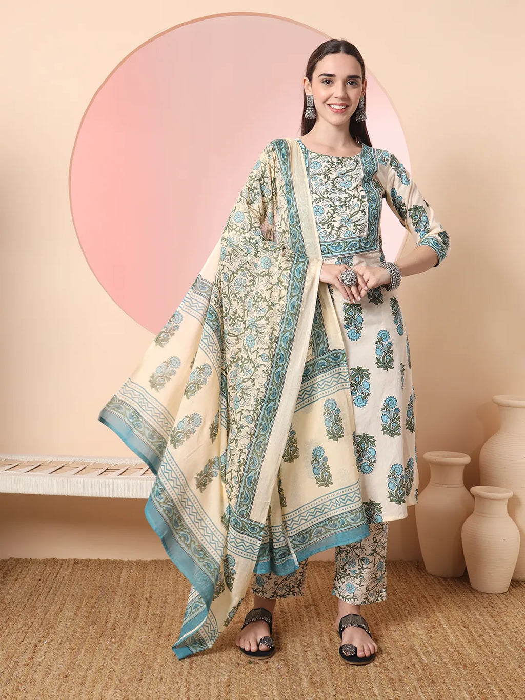 Yufta Cream Pure Cotton Block Print,Sequins_Work Kurta Set With Pant & Dupatta